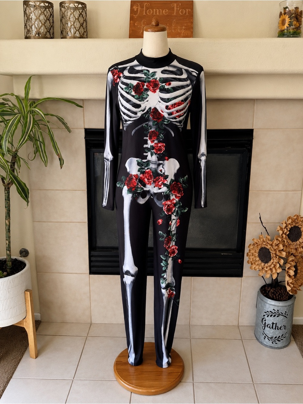 Floral Skeleton Print Long-Sleeve Jumpsuit